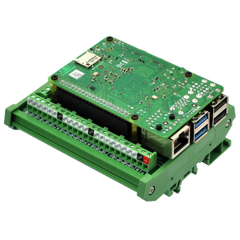 DIN Rail Mount Screw Terminal Block Adapter Module for Raspberry Pi with green PCB and screw terminals installed