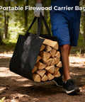 Person carrying logs in canvas bag from 34 Inch Firewood Rack With Log Carrier Bag For Outdoor And Indoor Use Beefy Heavy Duty Metal Fire Wood Holder Rustproof Storage For Fireplace Patio And Deck.