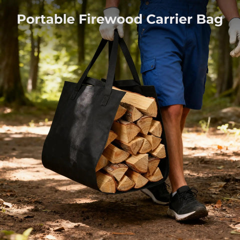 Person carrying logs in canvas bag from 34 Inch Firewood Rack With Log Carrier Bag For Outdoor And Indoor Use Beefy Heavy Duty Metal Fire Wood Holder Rustproof Storage For Fireplace Patio And Deck.