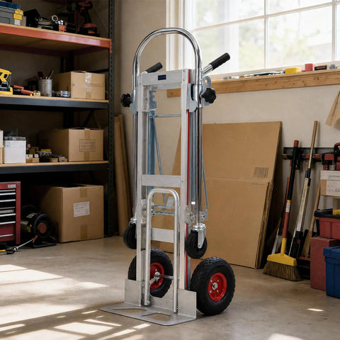 Premium Aluminum 3 In 1 Convertible Dolly Cart And 1000 Lb Hand Truck in garage with red wheels and swivel casters.