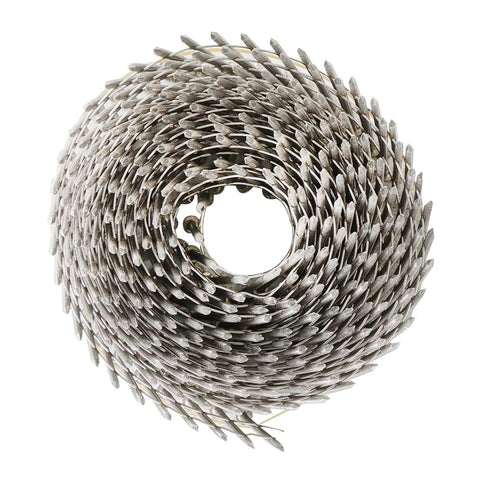 Coiled Heavy Duty 3600 Count Stainless Coil Siding Nails Two And A Half Inch Ring Shank 15 Degree Small Cap Coil Nails With Cap Warp Zero Point Zero Nine Inch Gauge for cement board siding and fencing, aerial view.