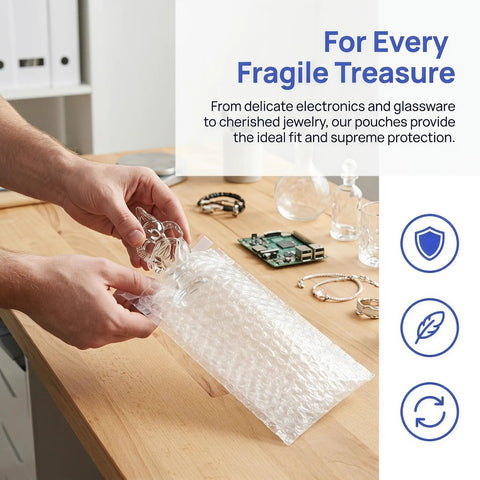 Hands placing a glass item into a Self Seal Bubble Pouch Cushioning Bags 8 By 4 Inch PE Material 100 Pack For Fragile Items Shipping.