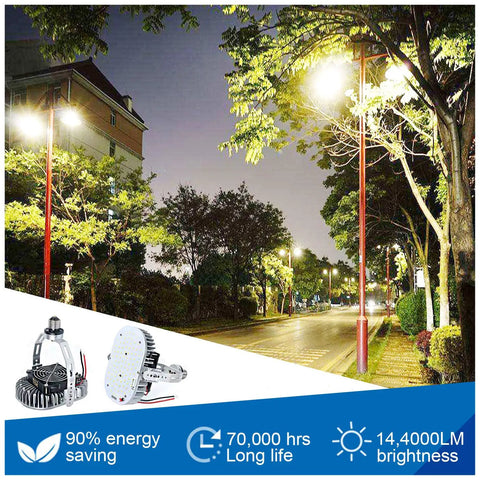 Image showing a street lit by 120W LED Retrofit Kit Replaces 700W MH HPS, two lights and energy-saving icons.