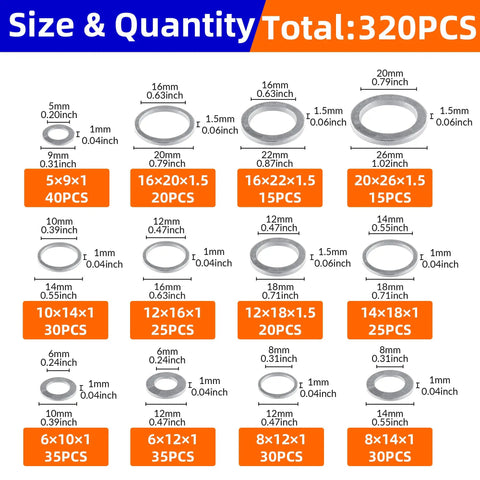 320 Piece Aluminum Oil Drain Plug Crush Washer Kit 12 Sizes M5 To M20 Universal Fit for oil changes with sizes and quantities shown