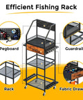 Fishing Rod Rack Organizer With Fabric Drawer And Pegboard 3 Tier Garage Storage for 12 Rods Reels and Tackle Boxes