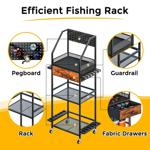 Fishing Rod Rack Organizer With Fabric Drawer And Pegboard 3 Tier Garage Storage for 12 Rods Reels and Tackle Boxes