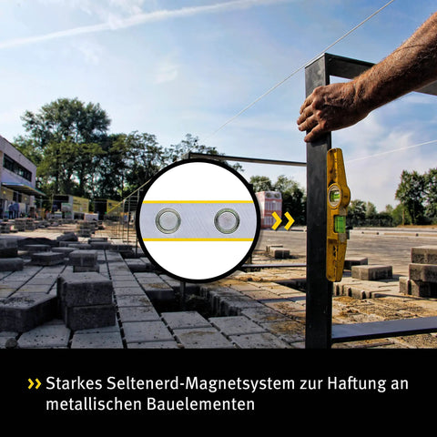 Magnetic Level With Holster 81S10MH for Steel Erectors in use on construction site with strong steel surface magnets.