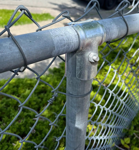 End Rail T Clamps For Chain Link Fence, Galvanized Steel Top Rail Hardware, Heavy Duty T Clamp Fit For One And Three Eighths Inch And One And Five Eighths Inch Pipes, Zinc Coated, Durable Fence Parts, 8 Pack installed on fence