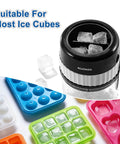 Manual Snow Cone And Slushie Maker With Shaved Ice Texture, Portable Ice Shaver with various ice cube trays and handle visible