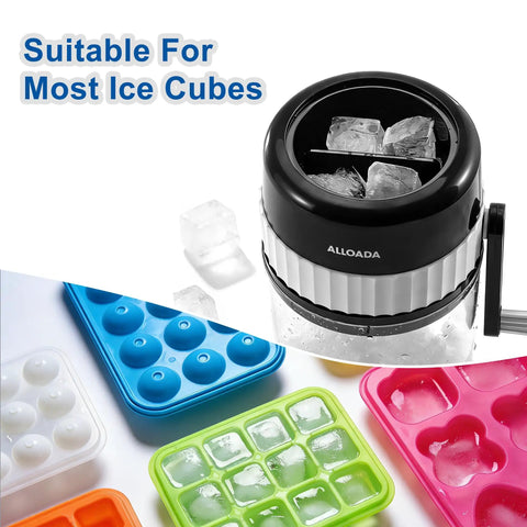 Manual Snow Cone And Slushie Maker With Shaved Ice Texture, Portable Ice Shaver with various ice cube trays and handle visible