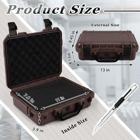 Kickass Heavy Duty Waterproof Hard Case With Custom Foam Insert And Foam Cutting Knife For Bulletproof Tool Storage And Hassle Free Travel Organization In Classic Brown Stripe Shell showing dimensions.