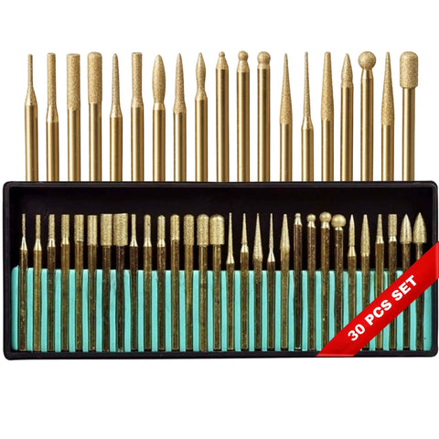 30 Piece Diamond Rotary Tool Bits Set Pro Grade For Engraving And Carving 120 Grit Burrs One Eighth Inch Shank in box