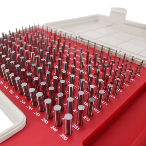 Pin Gage Set With Storage Case In Bearing Steel For Measuring Holes, 190 Pieces Ranging 0.061 To 0.250 Inches, Pro Grade High Precision 0.0002 Inch Tolerance, Each Gauge Two Inches Long. bearing steel pin gages in case, .231-.250 sizes