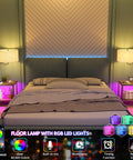 LED Floor Lamp With End Table And USB Ports RGB Color Changing Lights Built In Power Outlet beside bed in modern bedroom