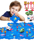 Child playing with Puzzle Racer Kid Friendly Cars Track Set For Ages 3 To 5 Large 12 Piece Puzzle with car and airplane on track