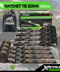 Heavy Duty One Inch Ratchet Tie Down Straps Four Pack With Integrated Soft Loops And A Killer Grip To Securely Lash Motorcycles Campers And Trailers While The Dang Tough Polyester Weave Keeps Your Cargo Locked Down Tight On Every Road Trip showing straps, storage bag, and packaging.