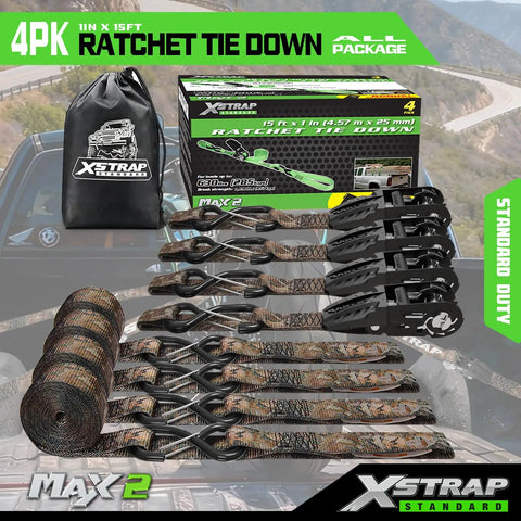 Heavy Duty One Inch Ratchet Tie Down Straps Four Pack With Integrated Soft Loops And A Killer Grip To Securely Lash Motorcycles Campers And Trailers While The Dang Tough Polyester Weave Keeps Your Cargo Locked Down Tight On Every Road Trip showing straps, storage bag, and packaging.