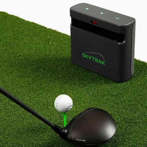 All In One Home Golf Sim Studio Bundle With Launch Monitor Enclosure Screen 5x5 Hitting Mat ZW350ST Projector And Trial Software Boss Level Indoor Golf Setup For Serious Practice And Play showing a black golf club and ball on mat