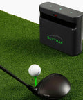 Golf club and ball on 5x5 hitting mat with ST MAX launch monitor. All In One Home Golf Simulator Studio With ST MAX Launch Monitor, Sturdy Enclosure, Impact Screen, 5x5 Hitting Mat, ZW350ST Short Throw Projector, Trial Software Included For Realistic Indoor Golf Practice And Training visible.