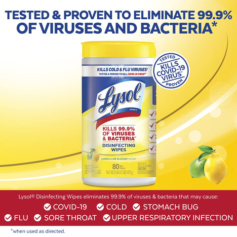 Beat Germs With Multi Surface Disinfecting Wipes That Kill 99.9 Percent Of Viruses And Bacteria Including COVID 19 Lemon And Lime Blossom Scent 80 Count Pack For Easy Wipe Downs label showing effectiveness
