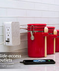 Five Outlet Extender With USB Ports Twin Pack Surge Protector 560 Joules Side Access Fabric Wall Tap Adapter in kitchen setup