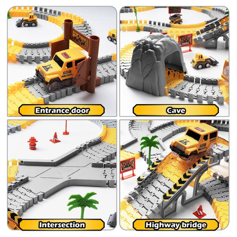 Glow In The Dark Construction Race Track Set For Kids Ages 3 To 9, 264 Piece Buildable DIY Track With 2 Light Up Cars On Highway Bridge