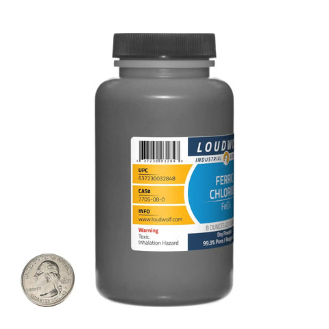 High Purity PCB Etchant Powder, 8 Ounce Bottle, 99.9 Percent Reagent Grade Dry Powder with label next to a quarter for scale.