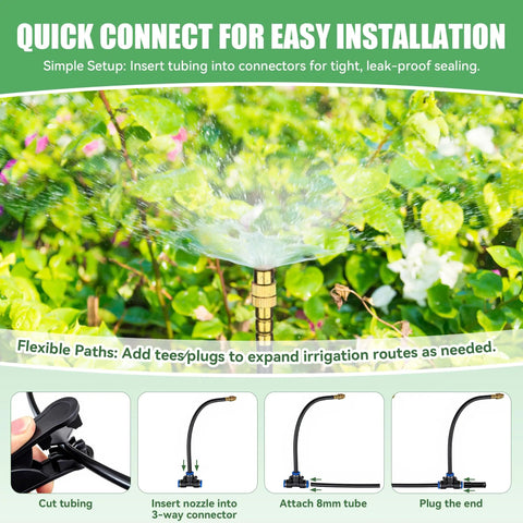 Garden scene with 100Ft Drip Irrigation Kit For Garden With 360 Degree Adjustable Sprinklers And DIY Yard Watering System in action