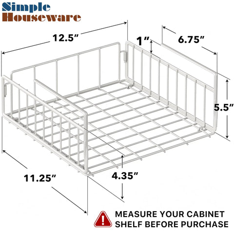 Hella Versatile Two Pack Under Shelf Wire Baskets White Metal Drop Down Organizers, dimensions 12.5 x 11.25 x 5.5 inches, ideal for kitchen use.
