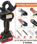 Cordless Ratcheting Cable Cutter With Comfort Grip Handle For Heavy Duty Electric Wire Cutting 1000 MCM Copper And 1250 MCM Aluminum Alloy Steel Blades Portable Power Cutter with cutting applications shown for cables and wires.
