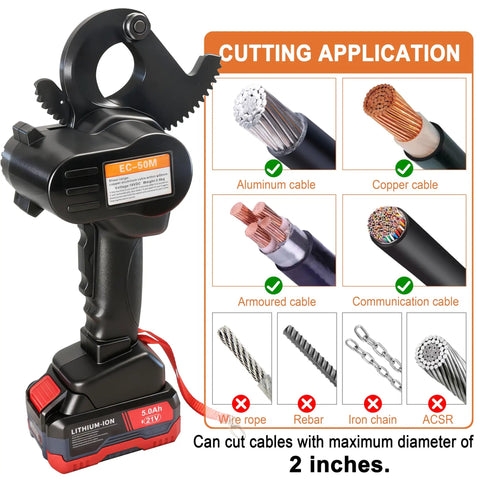 Cordless Ratcheting Cable Cutter With Comfort Grip Handle For Heavy Duty Electric Wire Cutting 1000 MCM Copper And 1250 MCM Aluminum Alloy Steel Blades Portable Power Cutter with cutting applications shown for cables and wires.