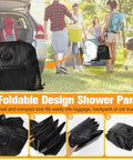 Upgraded Portable Shower Pan 41 By 41 By 5 Inch Rugged Non Slip Base with mesh bag shown in camping scene