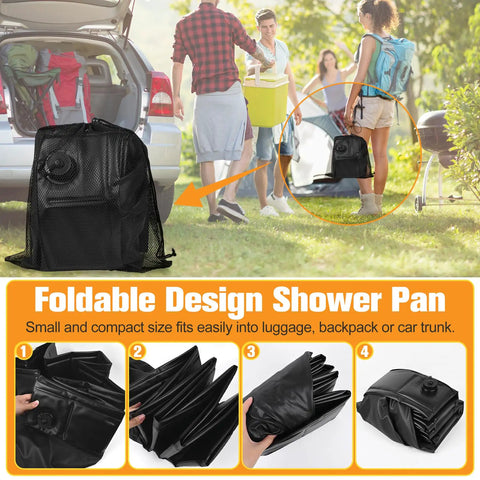 Upgraded Portable Shower Pan 41 By 41 By 5 Inch Rugged Non Slip Base with mesh bag shown in camping scene