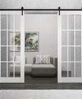 Heck Of An Upgrade Totally Smooth Double Barn Door Pair White Frame With Clear Glass 12 Lites 48X84 Inches in modern interior.