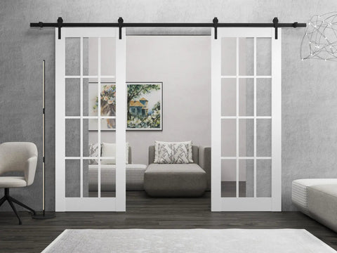 Heck Of An Upgrade Totally Smooth Double Barn Door Pair White Frame With Clear Glass 12 Lites 48X84 Inches in modern interior.