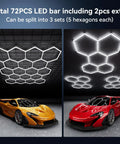 Hexagon Garage Ceiling Lights 18-Grid LED Panel, 72 Pack installed in garage ceiling, illuminating area with bright, modular pattern.