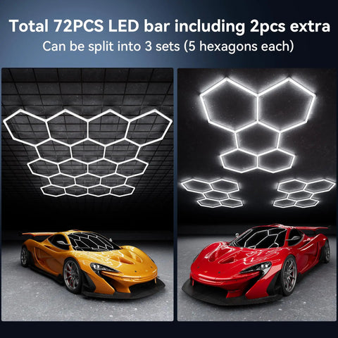 Hexagon Garage Ceiling Lights 18-Grid LED Panel, 72 Pack installed in garage ceiling, illuminating area with bright, modular pattern.