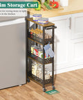 Slim Four Tier Rolling Storage Cart For Kitchen And Bathroom Organization On Wheels Space Saver With Narrow 5.9 Inch Width And Wood Rack For Pantry Laundry And Small Spaces next to kitchen countertop.