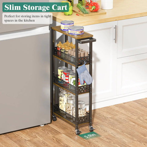 Slim Four Tier Rolling Storage Cart For Kitchen And Bathroom Organization On Wheels Space Saver With Narrow 5.9 Inch Width And Wood Rack For Pantry Laundry And Small Spaces next to kitchen countertop.