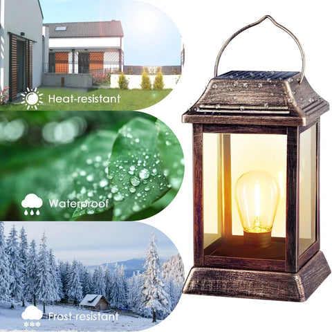 Retro Bronze Metal Solar Lanterns Outdoor Lights Pack Of 2, Waterproof Hanging Garden Lanterns for all weather conditions illustration