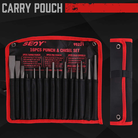 16 Piece Precision Punch And Chisel Set with Taper Punch, Pin Punch, Center Punch, Cold Chisels in roll-up pouch, chrome vanadium steel