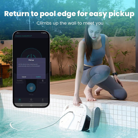 Woman using Hydro 4 Inground Pool Vacuum Cleaner with 50ft corded cable controlled by smartphone app from pool edge.