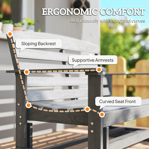 Two Person Outdoor Glider Bench For Backyards And Patios In Weather Resistant HDPE Distressed Gray with armrests and slatted back