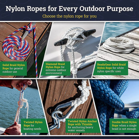 Various nylon ropes for outdoor use, including Heavy Duty Twisted Nylon Rope For Indoor And Outdoor Use All Purpose Utility Cord