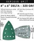 320 Grit 4x6 Delta Sanding Sheets For Festool DTS 400 And Mirka Deos Delta Sanders with specifications shown