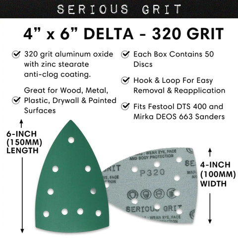 320 Grit 4x6 Delta Sanding Sheets For Festool DTS 400 And Mirka Deos Delta Sanders with specifications shown