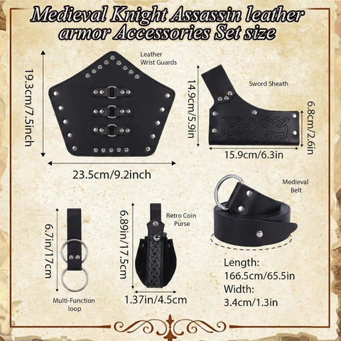 Epic 8 Piece Renaissance Medieval Costume Accessories Set For Men Featuring Leather Wrist Guards and Sword Sheath in Black