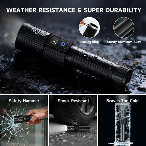 4 Pack Rechargeable LED Flashlights With 10000 Lumens Each And LCD Battery Display Beast Mode Bright 5 Modes Tactical Light showcasing durability and weather resistance