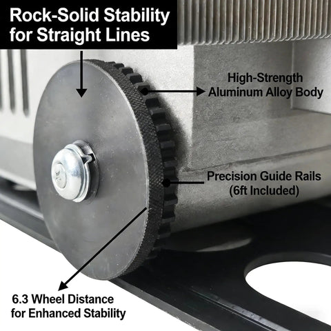 Heavy Duty Portable Torch Track Burner For No Sweat Gas Cutting With Dual Six Foot Guide Rails close-up of aluminum body and wheels for stability.