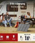 Portable 237Wh Solar Generator With Foldable 60W Panel 300W Pure Sine Wave Power Station For Camping Hiking Fishing And Emergency Backup Charge Phones Tablets Laptops On Outdoor Adventures at campsite with folding table and caravan.
